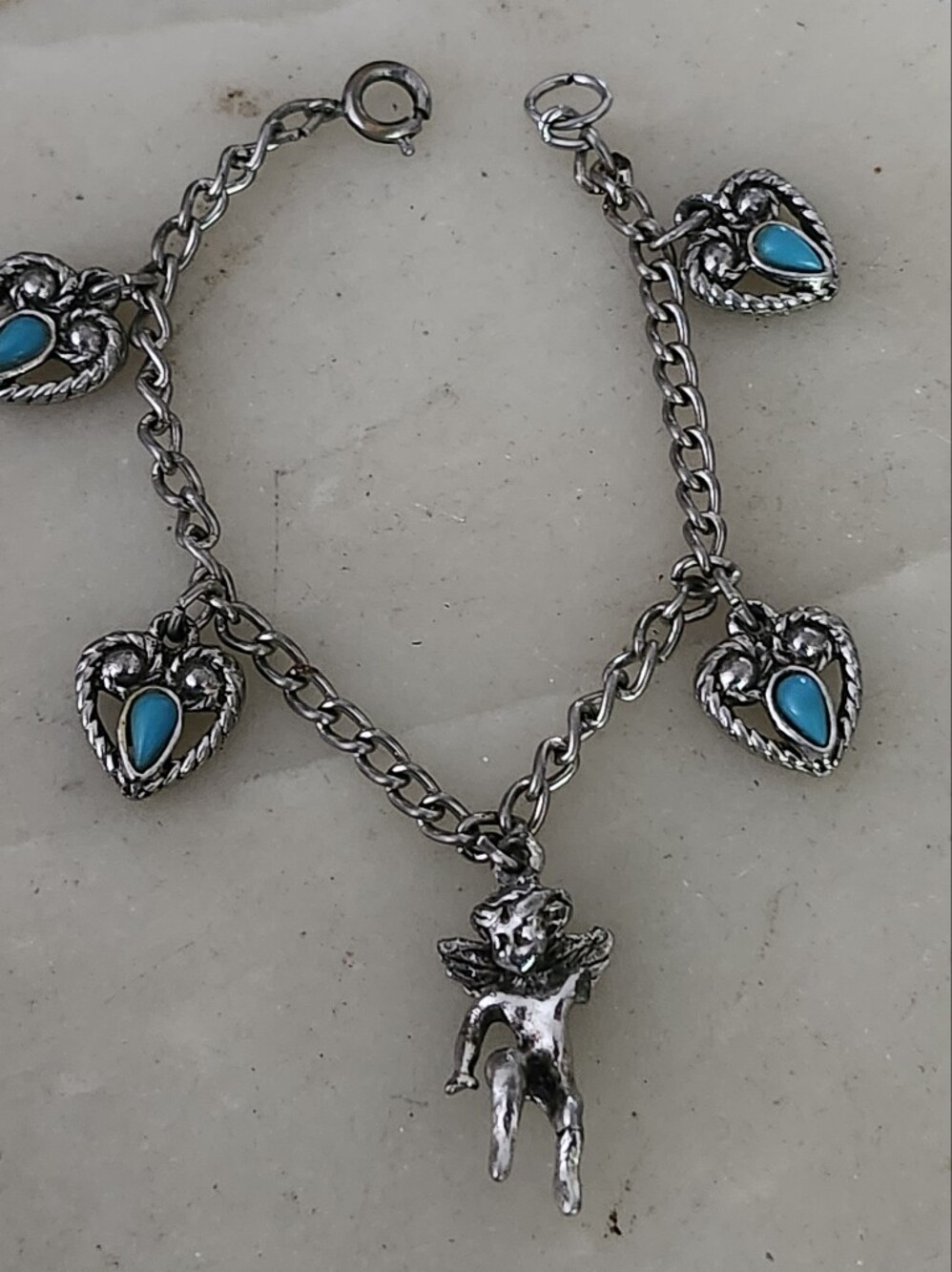 Vtg Silver Charm Bracelet with Heart Shaped Turquoise & Cherub Charm